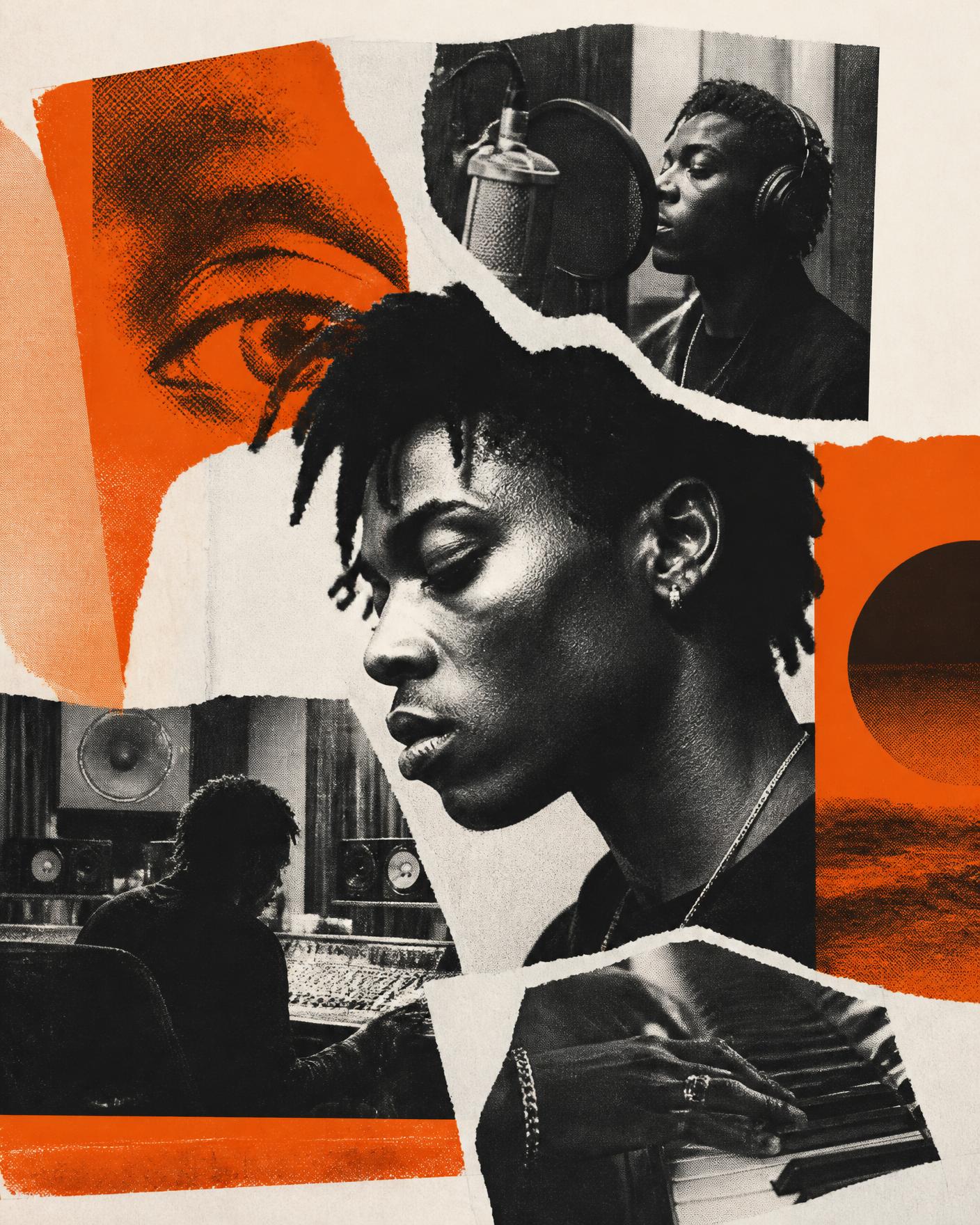 Collage of artists in the studio, cut-paper editorial treatment
